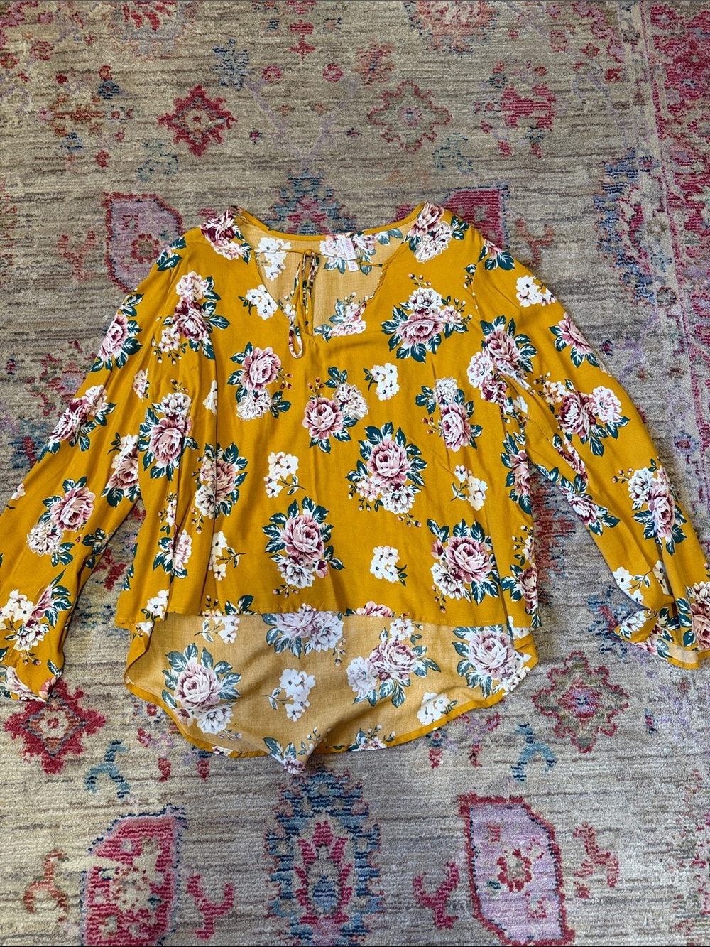 Xhilaration Mustard Yellow Floral Tie-Neck Blouse